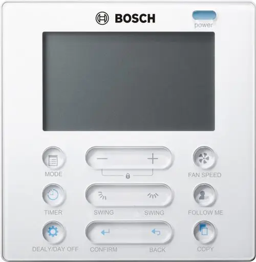 Weißes Bedienfeld mit mehreren Tasten, einschließlich Mode, Timer, Fan Speed und Swing. Oben rechts befindet sich ein Power-Indicator. Marke: Bosch.